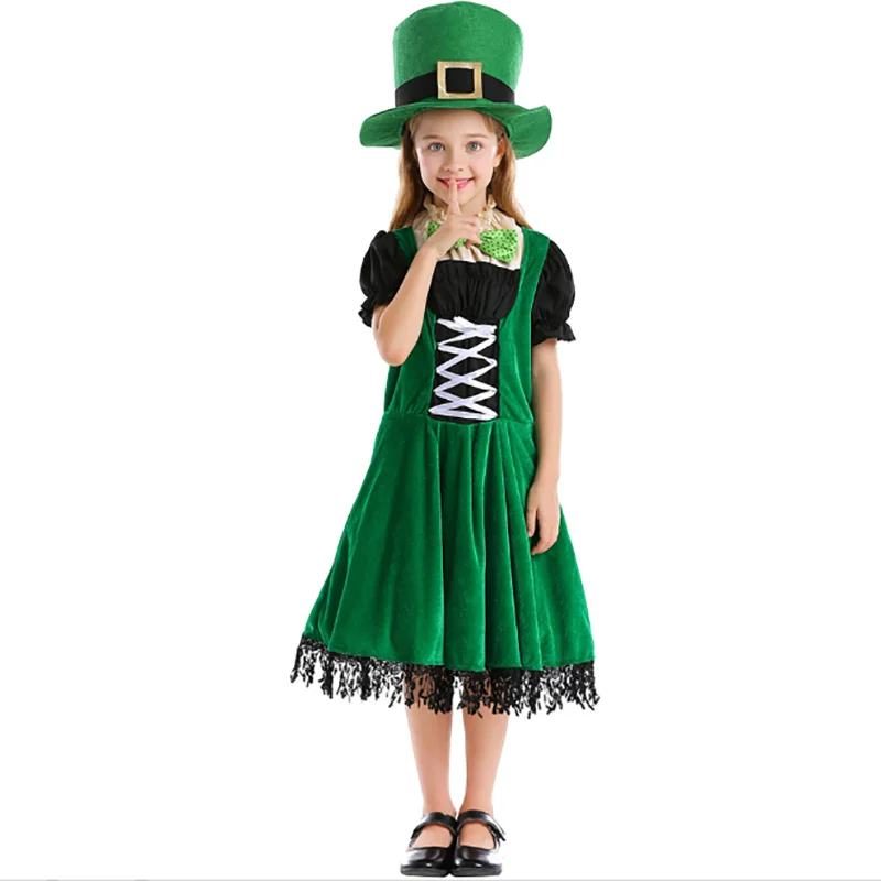 Fantasia Girls Kids St. Patrick's Day Cosplay Costume Lucky Charm Theme Outfit for Children Carnival Velvet Leprechaun Costume