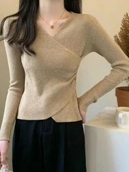 Fashionable Irregular Niche Knitted Sweater For Women Slim Fit V-neck Chic Long Sleeved With Sweater As The Base