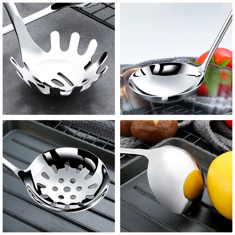 304 Stainless Steel Colander Metal Spoon Noodle Spoon Colander Practical Pasta Tool Soup Scoop Bamboo Handle Kitchen Accessories