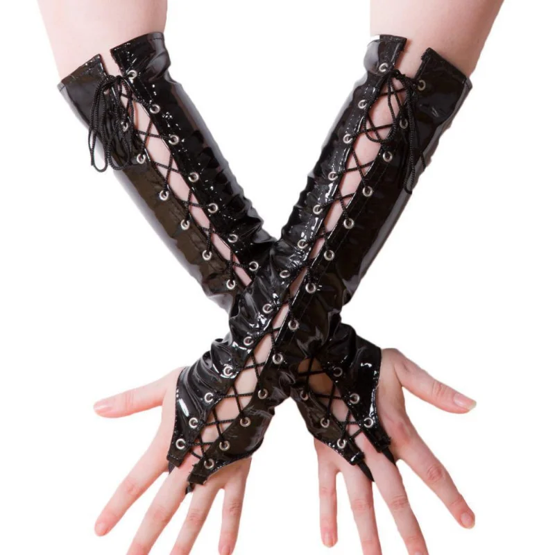 Sexy Women PVC PU Leather Gloves Lacing Hollow Out Hang Finger Latex Long Gloves Punk Mitten Party Clubwear Cosplay Costume