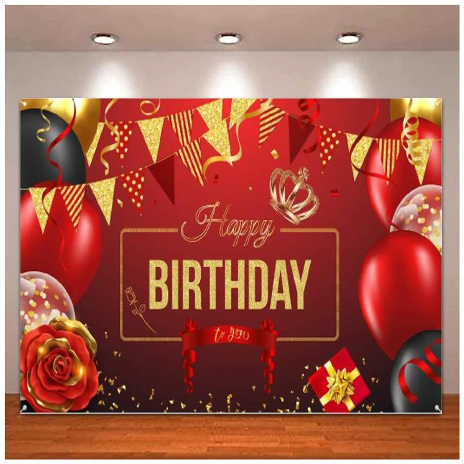 

Photography Backdrop Banner Large Red Rose Black And Gold Balloons Sign Poster For Women Birthday Party Decoration Background