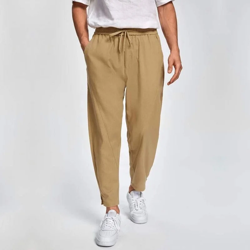 

Loose Fit Casual Cotton Linen Men's Wide Leg Nine-Tenths Straight Cut Leisure West Pants MK02 Special P30 Khaki Color
