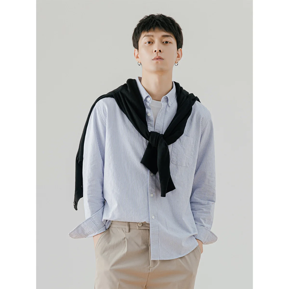 قميص رجالي مكون من 5 نجوم! كم طويل مخطط على الطراز الكوري، 100% قطن للجنسين