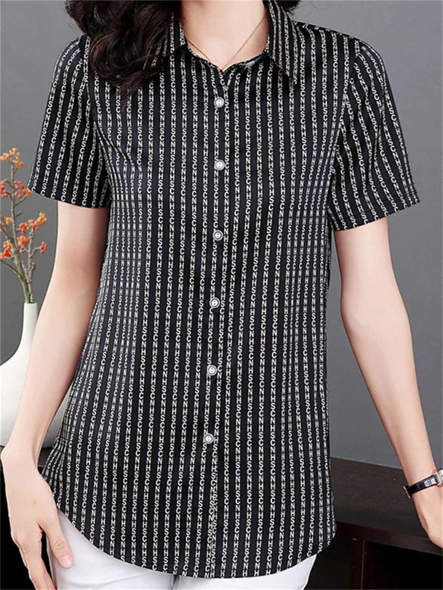 5XL Women Spring Summer Blouses Shirts Lady Fashion Casual Short Sleeve V-Neck Collar Letter Stripe Printing Blusas Tops TT2432