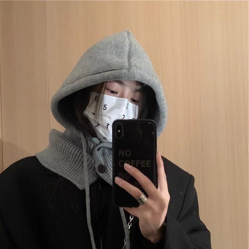 

NEW Korean Style Simple Scarf Integrated Neck Protection Warm Knitted Wool Ear Protection Shawl Hat