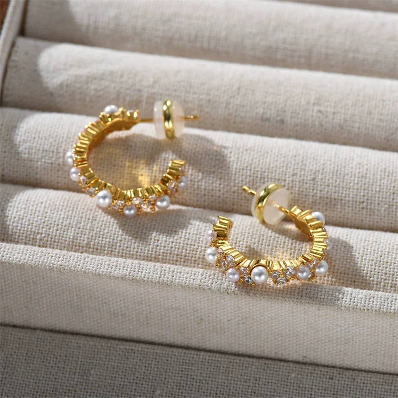 

Personalized Fashion C-shaped Inlaid Pearl Zircon Earrings for Women Vintage Niche OL Trendy Jewelry Accessories Gifts