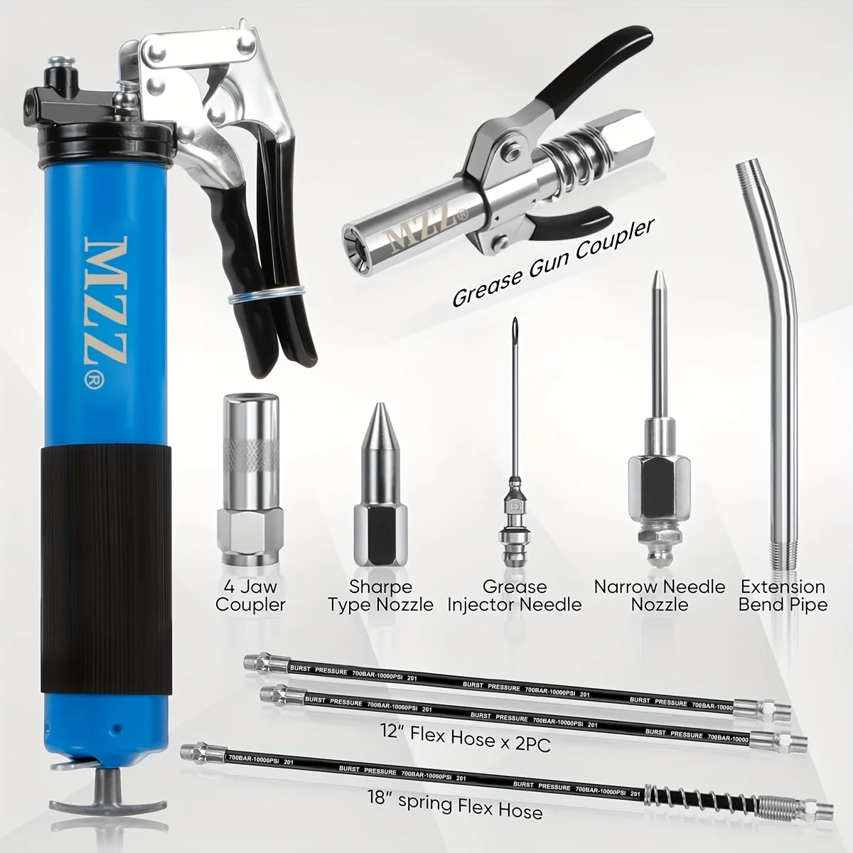 Grease Gun Kit with Double Grease Injector Needle and Flex Hose Grease Gun, 7000 PSI Heavy Duty Professional Pistol Grip