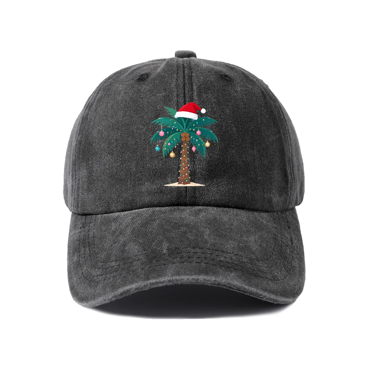 Tropical Christmas Palm Tree Graphic Vintage Washed Baseball Cap, Adjustable Unisex Dad Hat, Casual Gift