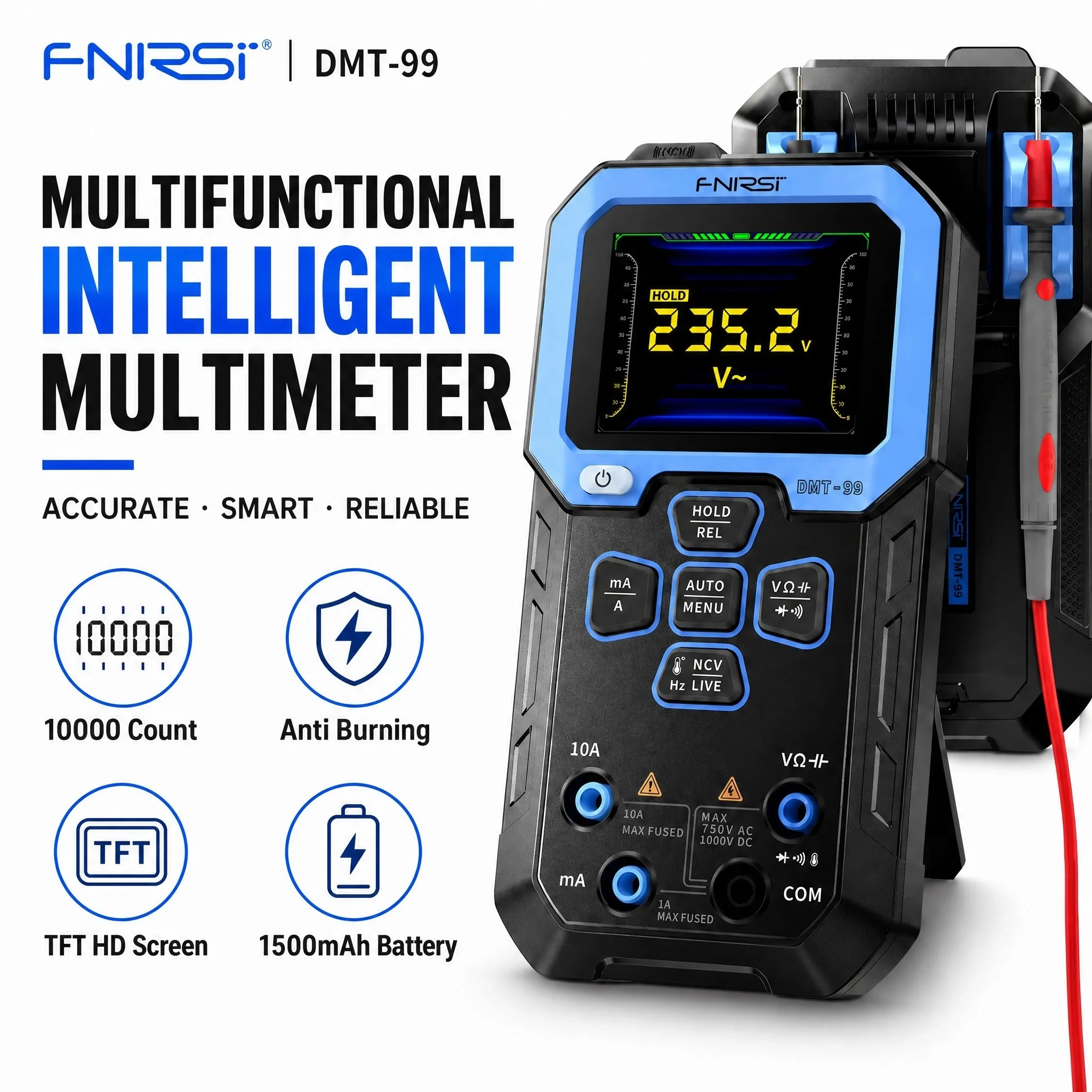FNIRSI DMT-99 10000 Counts True RMS Multimeter CAT III 1000V Monitor/Alarm Mode W/Curve Graph Data Record for Lab/Auto/Home