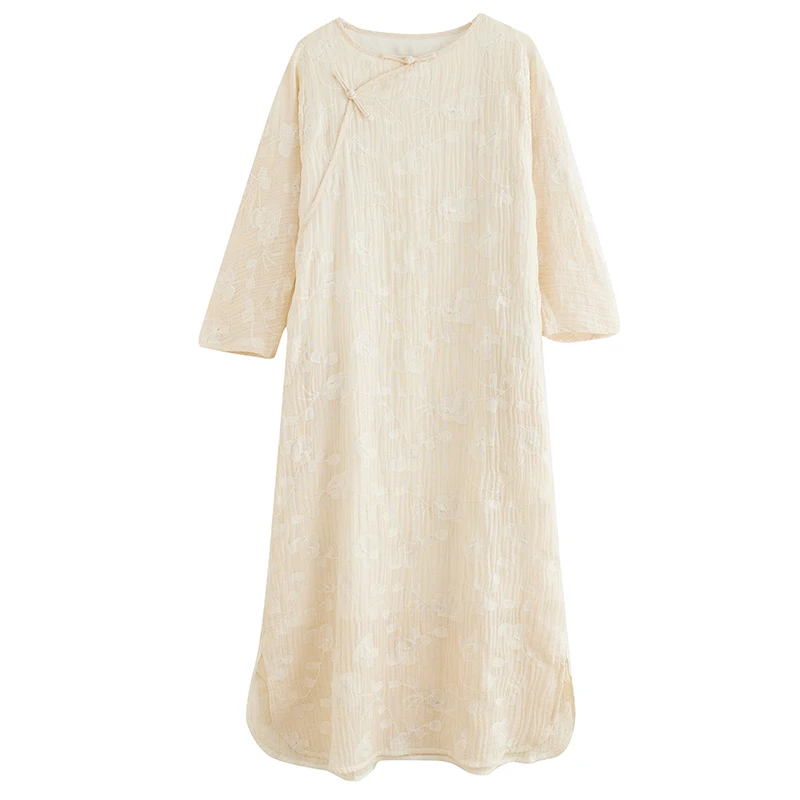 Retro geborduurd katoen Lin Long Sve Dr Slit Design groot formaat dameskleding opstaande kraag Sle Qipao Dr