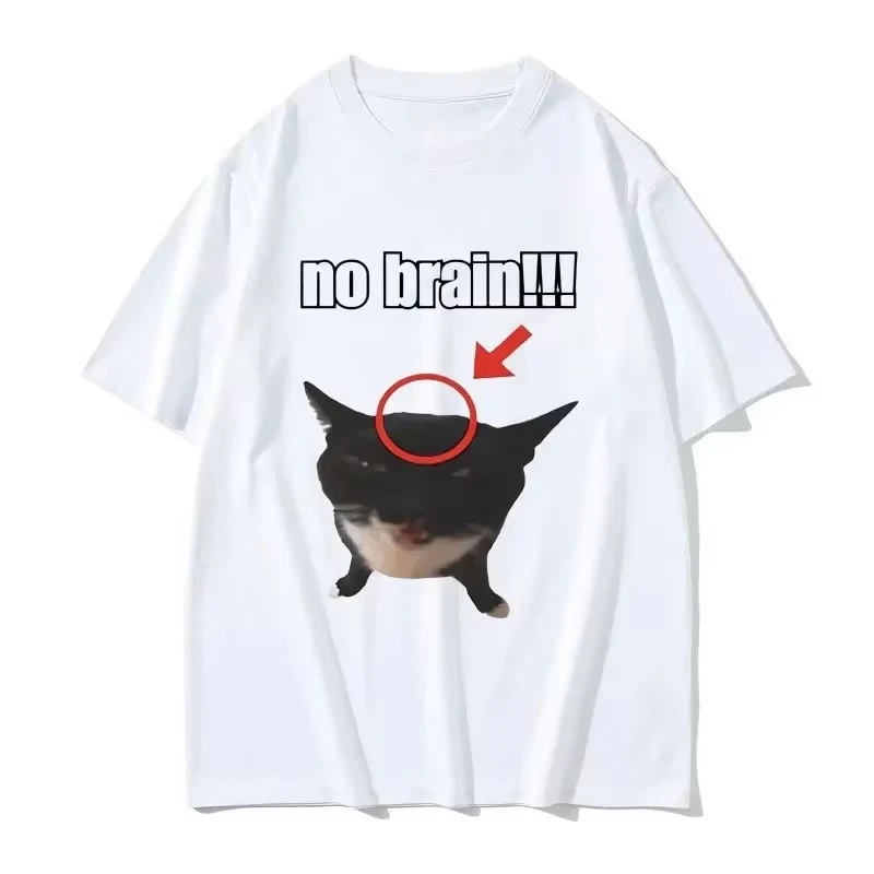 Funny Cat No Brain Graphic Print T-Shirt Women Cute Kawaii Meme Joke Humor Casual Tee Short Sleeve Summer Aesthetic Top Clothing