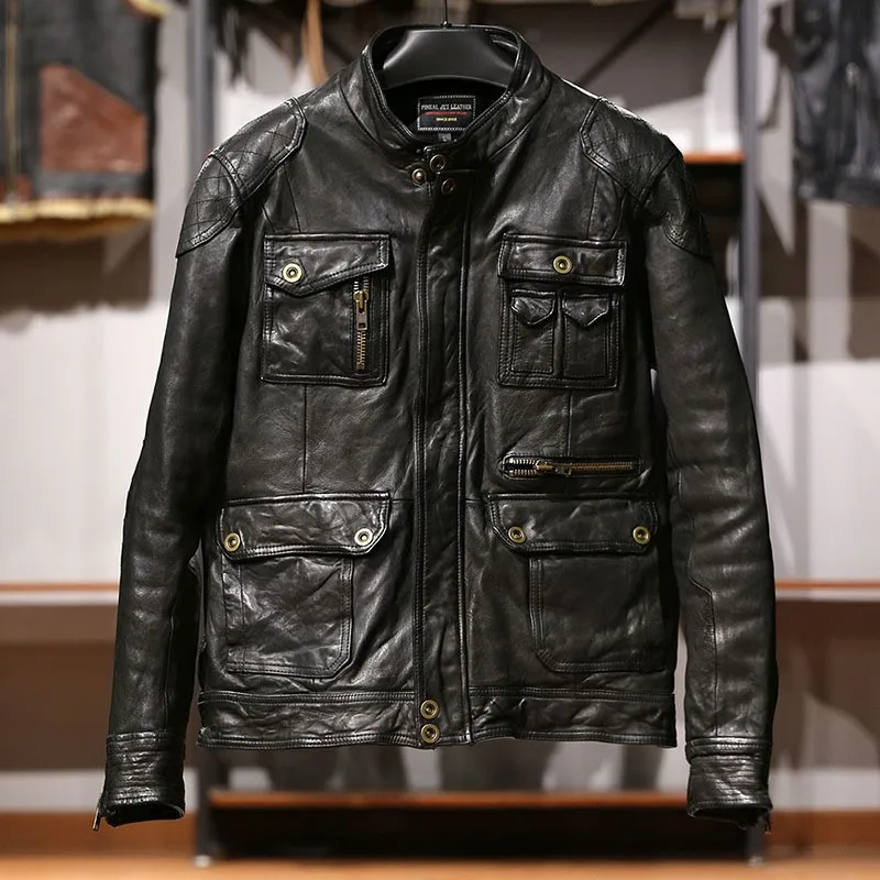 

Outdoor multi-pocket leather for men heavy washable pleated all-vegetable-tanned cotton motorcycle