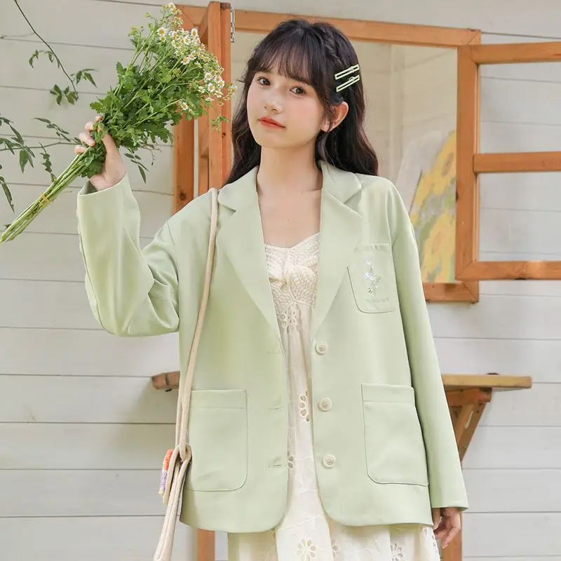 New Spring Autumn Small Fresh Light Green Suit Jacket Girls Sweet Leisure Embroidered High-end Suit Top Women Fashion Loose Coat