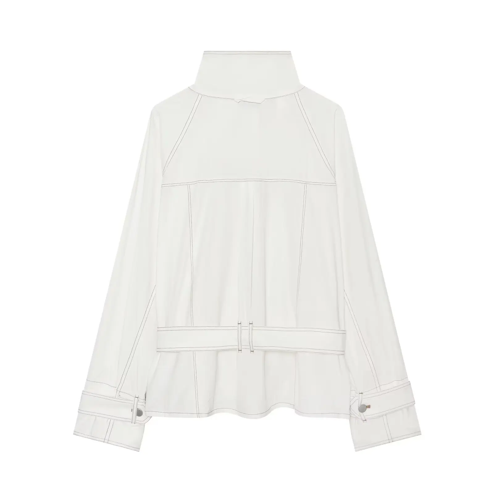 BSAY Fashion Women Stand Collar Contrast Stitching Jacket Waist Belt Bow Tie Long‑Sleeve Button‑Up Slim Casual Short Outerwear