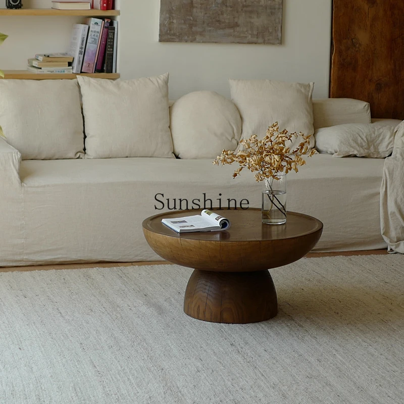 Round solid wood wabi-sabi wind living room creative retro sofa round coffee table