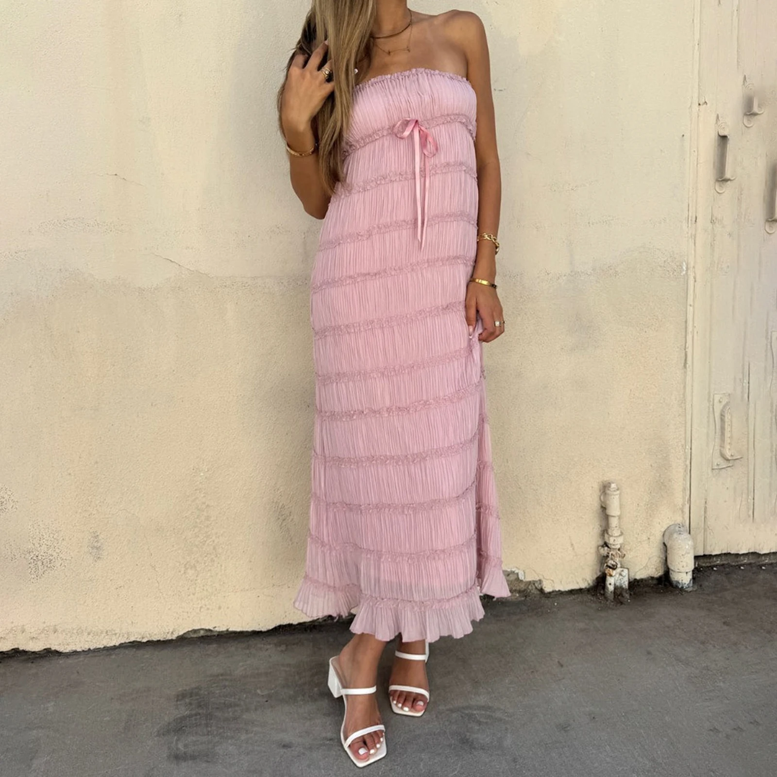 New Fashion Women Shirred Tube Top Dress Solid Floral Off Shoulder Sleeveless Backless Long Dress For Daily Party S-XL