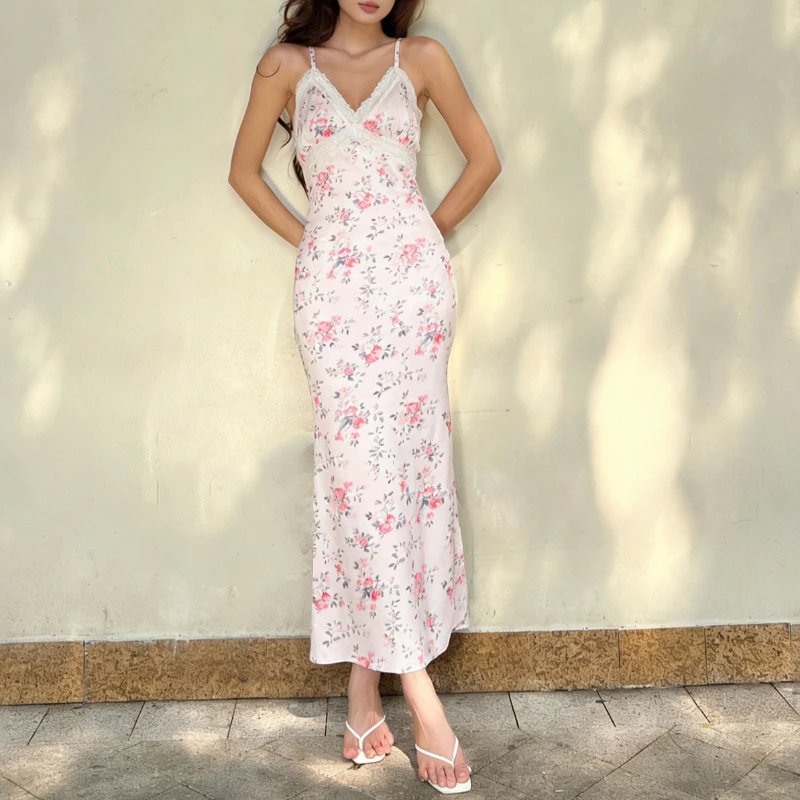 

Tsiisd Elegance Floral Print Backless Long Dress Women V Neck Lace Patchwork Slim Fashion Party Dress Summer New Female Dress