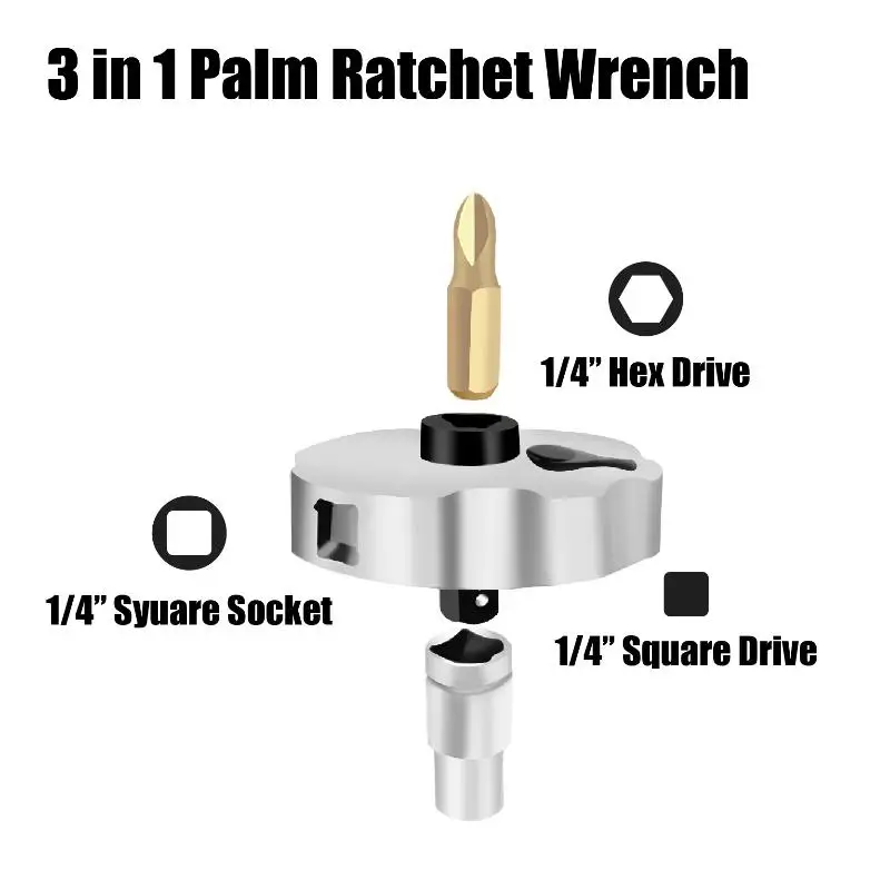 Steel Portable Palm Mini Ratchet 3-in-1 Socket Screwdriver Hand Tool Ratchet Screw 1/4 Inch All-in-one Ratchet Wrench
