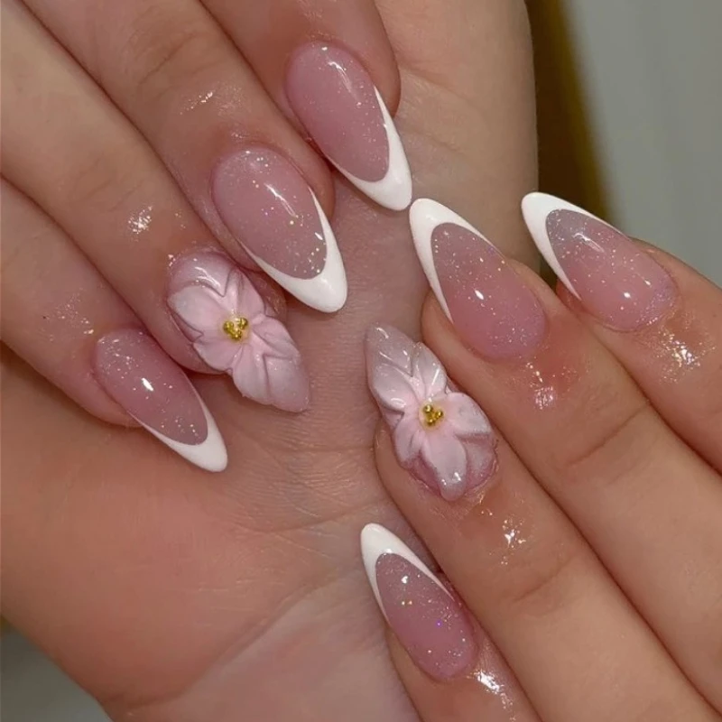 

Pink Halo Dyeing 3D Flower White French Glitter Nail Art Chic Wearable False Nails Detachable Finished Fake Nails Press on Nails