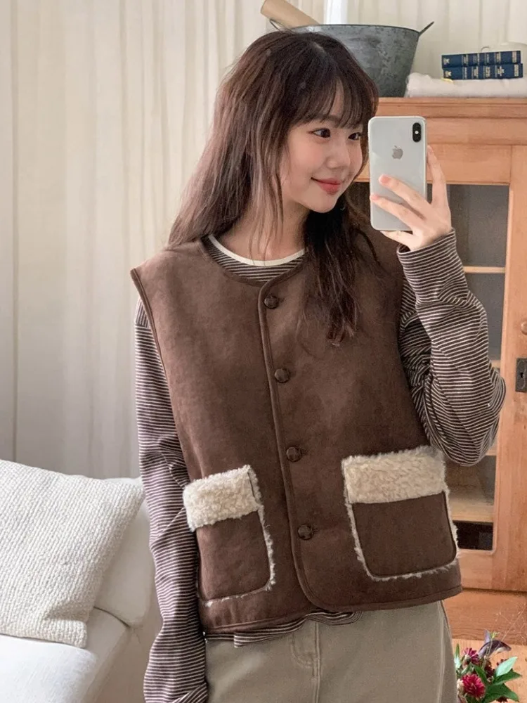 Gilet coréen d'hiver pour femmes, doux et jeune, en fourrure d'agneau, superposition intercée, polyvalent, longueur ort, boutonné