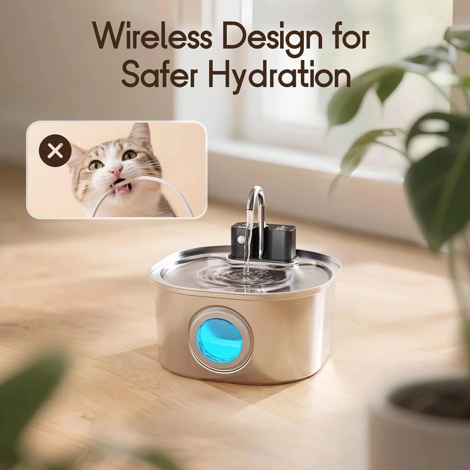 3L Smart Cat Water Fountain Wireless Automatic Induction Pet Water Dispenser Stainless Steel Cordless Rechargeable gallery 3