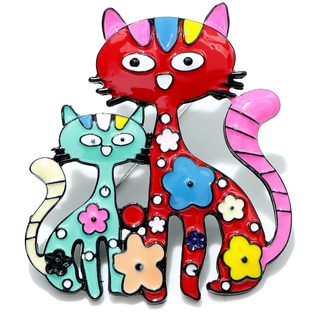 CINDY XIANG Enamel Flower Cat Brooches For Women Cute Mom And Kids Kitty Pin Hat Jewelry Animal 2 Colors Available High Quality