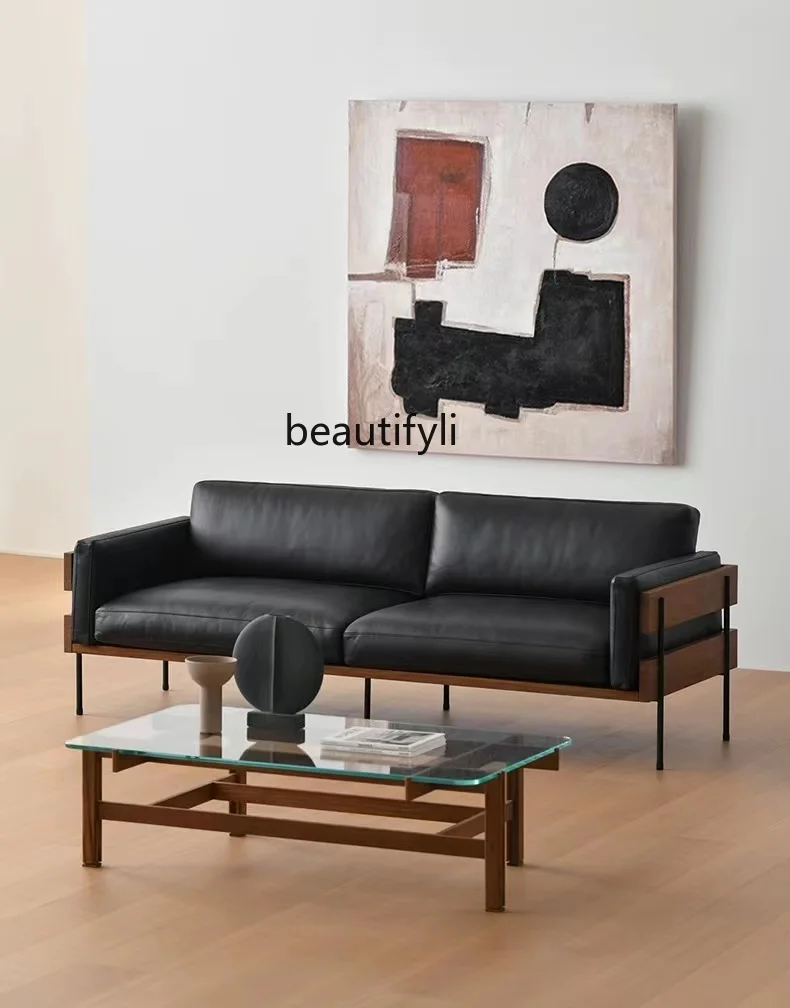 Medieval solid wood Nordic first layer cowhide black leather art double triple straight row sofa