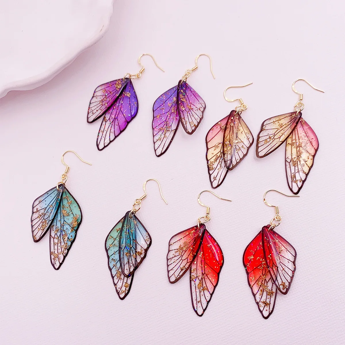 Minar Fairy Clear Gradient Resin Simulation Wings Butterfly Rhinestone Flake Long Dangle Earrings for Women Casual Party Jewelry