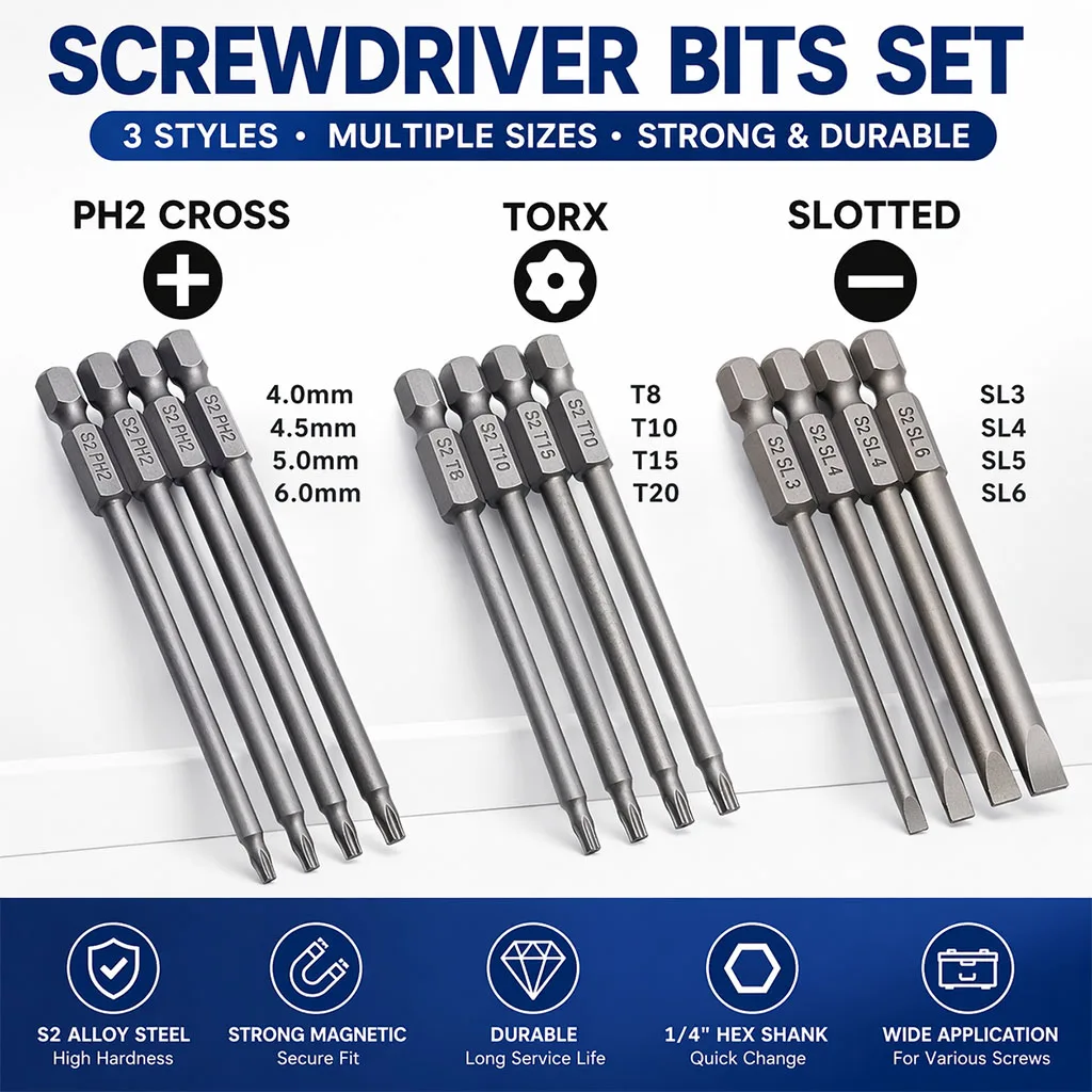 4pcs Magnetic Screwdriver Bits 100mm Alloy Steel 1/4 Hex Shank Long Screwdriver Bits For Torx Cross Slotted Hex Head Slotted Tip image 6