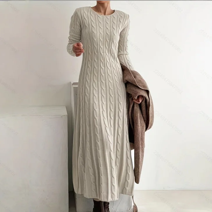 Knitted Dress Autumn Winter New Slim Fit Round Neck Cable Knit Sweater Long Dress Inner Dress