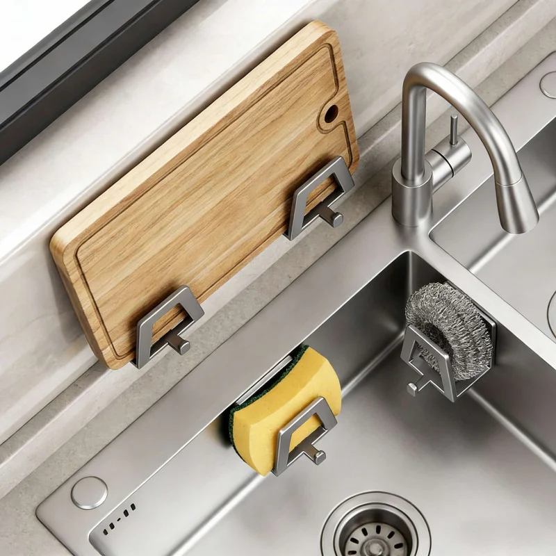 Bohrfreies, selbstklebendes Küchenregal für 2-4 Spülbecken mit Abflussloch und Haken – Modern, schlicht, rostbeständig, langlebig für Utensilien, Seife, Schwamm