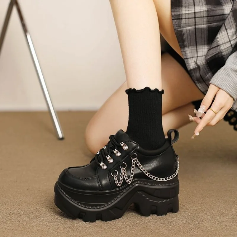 Gothic Punk Chunky Sneakers for Women PU Black Chain Decor Platform Casual Shoes Woman Thick Sole Non Slip Sneakers Size 35-42