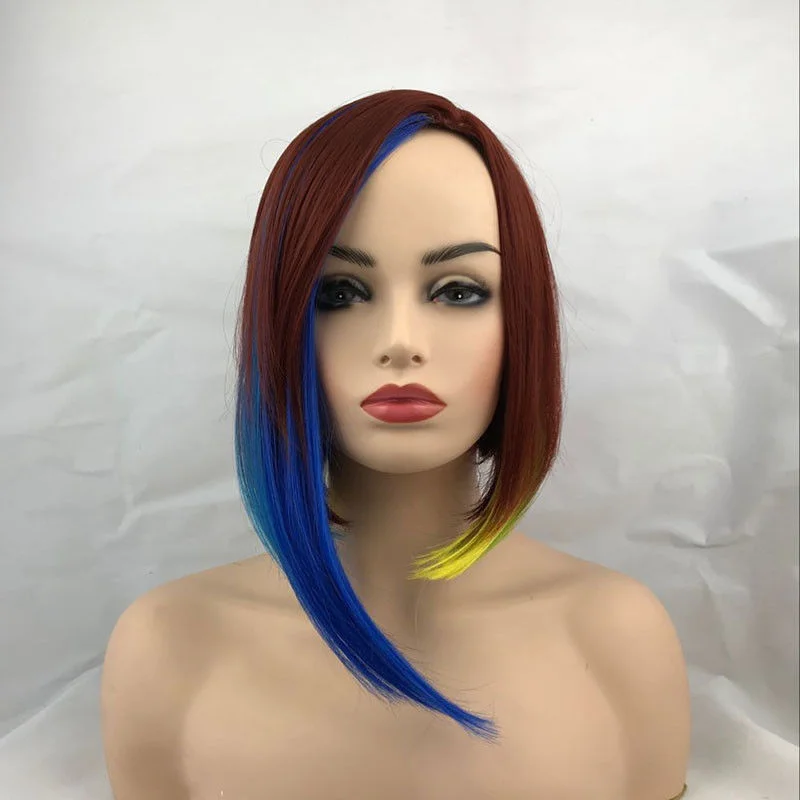 

Women Wig Ladies Straight Short Brow Red Colorful Wig Fascinating+Wig Cap