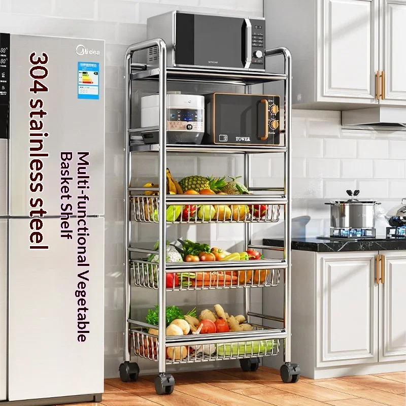 Wheels Trolley 304 Stainless Steel Kitchen Island Rolling Cart Microwave Rack Vegetable Basket Multi Tier Storage Shelf Caster