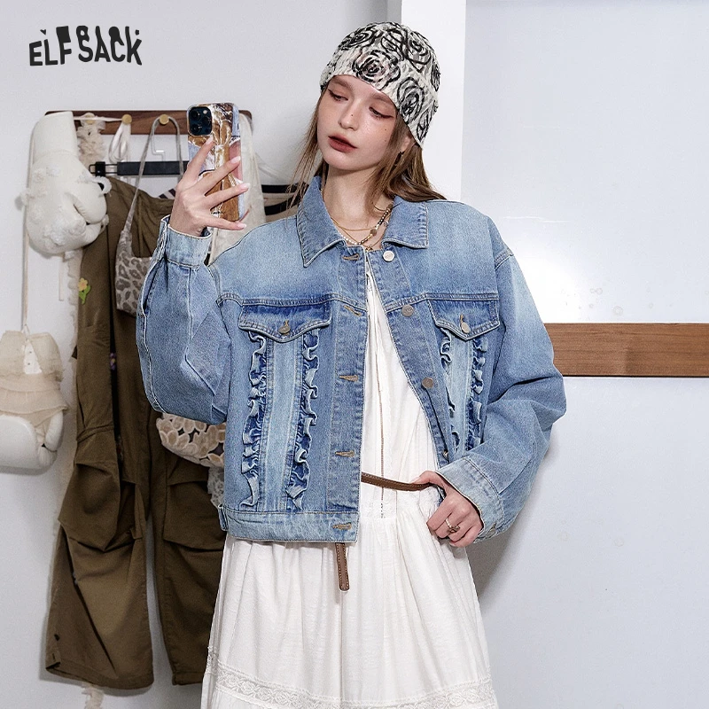 ELFSACK 2025 Spring New Arrivals Y2K Washed Ruffles Short Denim Jacket Women Button Up Cropped Womens Lightweight Coats