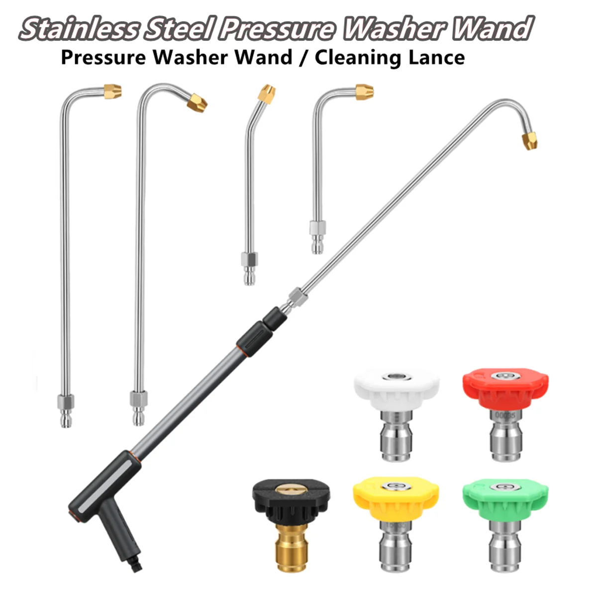Pressure Washer Extension Wand Kit 4 Angled Wands Stainless Steel Copper 5 Nozzles 1/4 Inch Quick Connect for Auto Home Cleaning