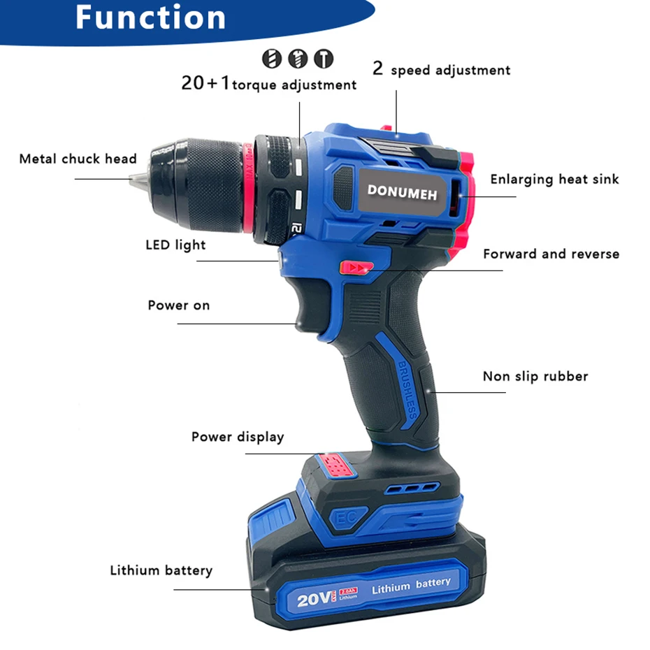 DONUMEH 20V Cordless Electric Drill Impact Electric Screwdriver Brushless Motor Big Torque Metal Collet Rechargeable Battery