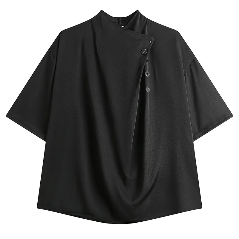 

Dark Black Standing Design Half Turtleneck T-shirt Men Trendy Summer Thin Casual Blouses Loose Bat Sleeve Pullover Shirts Man