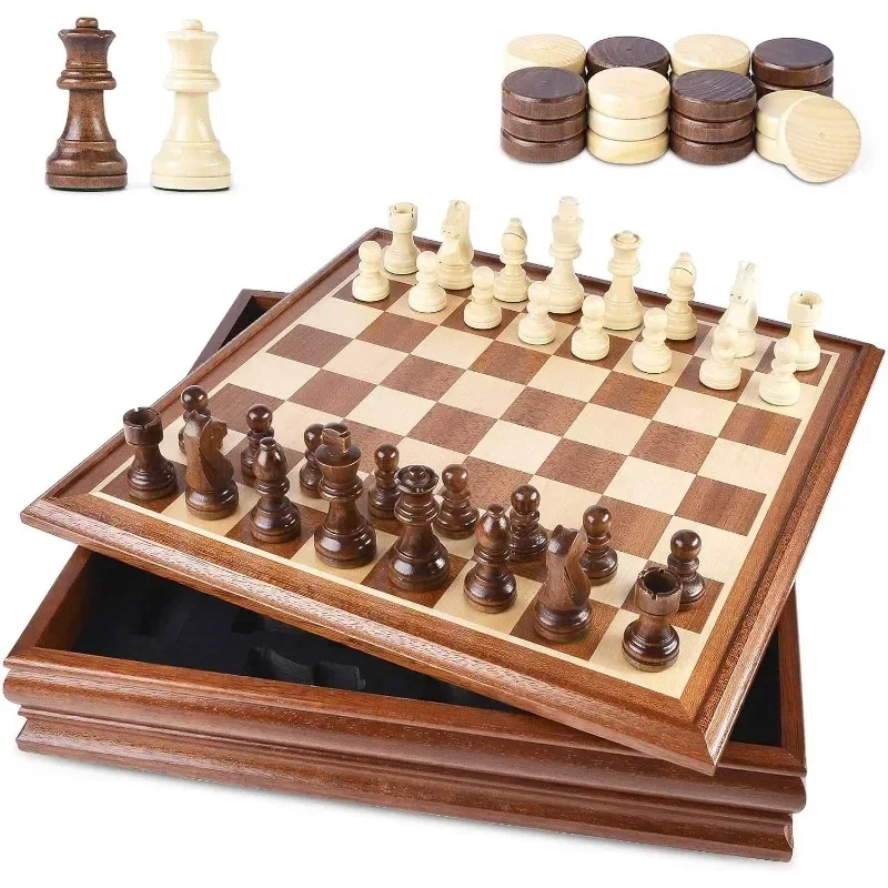 

VAMSLOVE Chess and Checkers Board Game Sets Wooden Deluxe 15 inch Wood Board Box Classic 2 in 1 Large Size with Chess Pieces