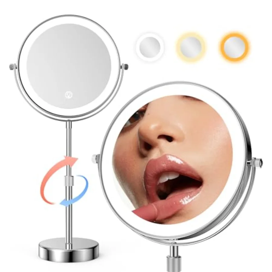 

LED Lighted Makeup Mirror Tabletop, 10X Magnifying Mirror with 3 Color Lights, Brightness Adjustable Height, Light up for Desk