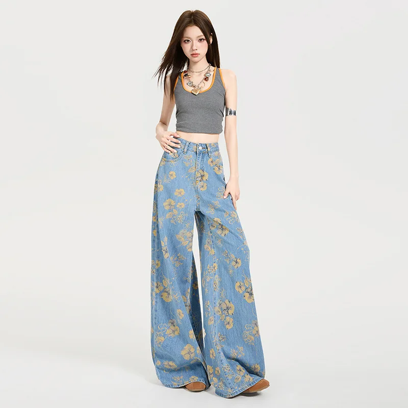 

Wide Leg Jean Denim Full Length Jeans Women Loose High Waist Trousers Distressed Print Summer 2025 Zipper Fly Washed Casual