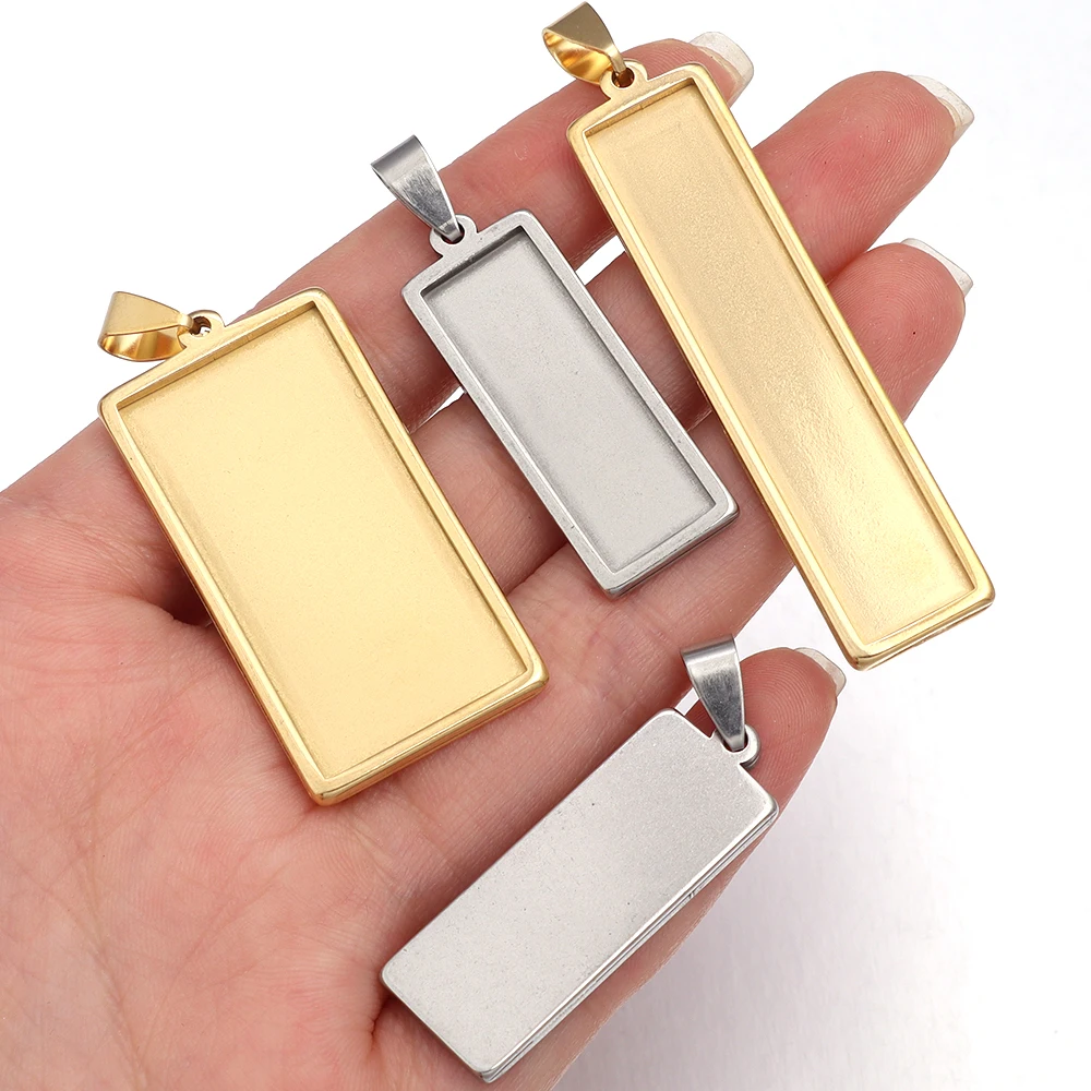 2 sztuk/partia prostokąt Cabochon ustawienia podstawy ze stali nierdzewnej złota pusta ramka wisiorek tace do tworzenia biżuterii DIY naszyjnik z amuletem — zdjęcie 5