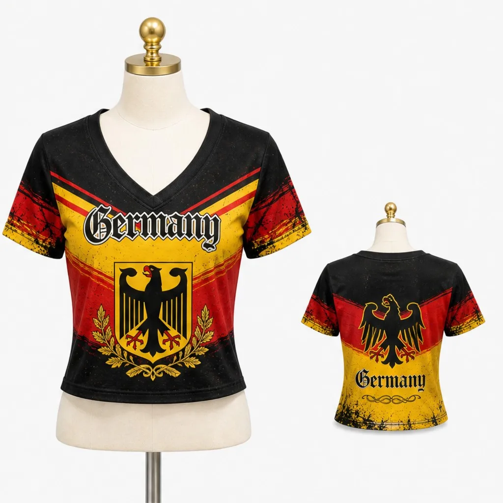 Womens Germany V Neck Short Sleeve Crop Top Eagle Laurel Graphic Casual Summer Shirt for Street Travel Holiday and Everyday Wear
