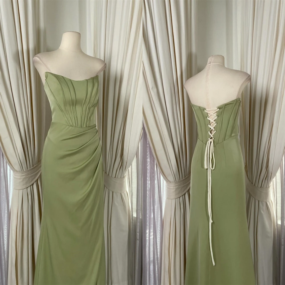 

Customized Delicate Green Jersey Evening Dress Elegant Graceful Strapless Sleeveless Prom Dress Fashion Lace Up Back Party Dress
