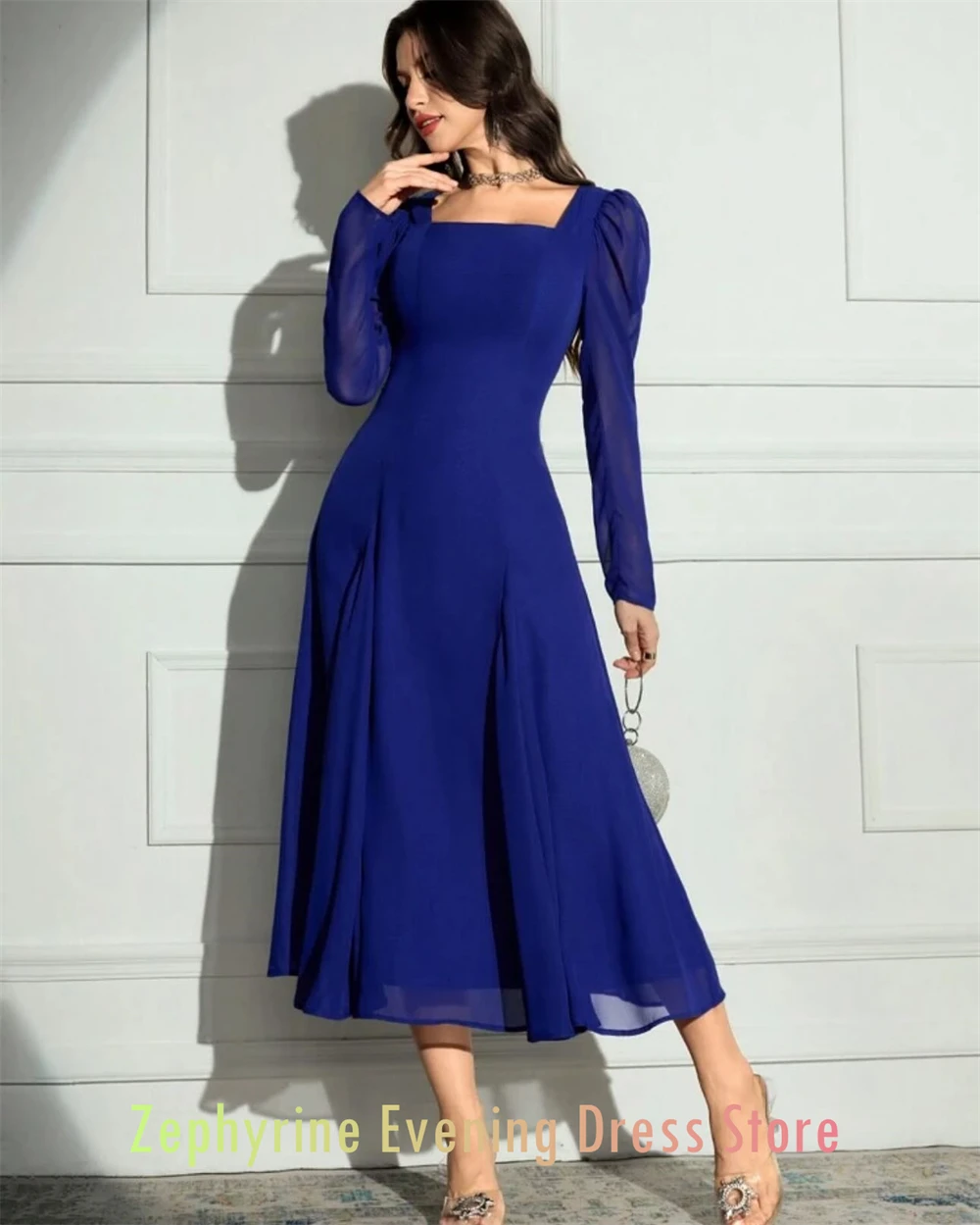 Robe de soirée en mousseline de soie bleue Simple personnalisée, col carré formel, manches longues, robes de soirée, robes d'occasion spéciale à la mode