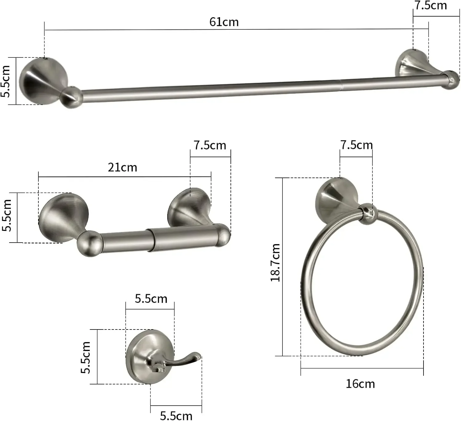 Set di 8 accessori per il bagno, portasciugamani espandibili regolabili in nichel spazzolato, anello per asciugamani, supporto per carta igienica per montaggio a parete