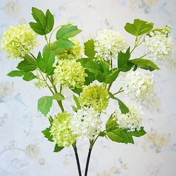 Luxury 5 Heads Snowball Hydrangea Lush Branch White Room Decor Artificial Silk Flowers with Green Leaf for Home Decoration