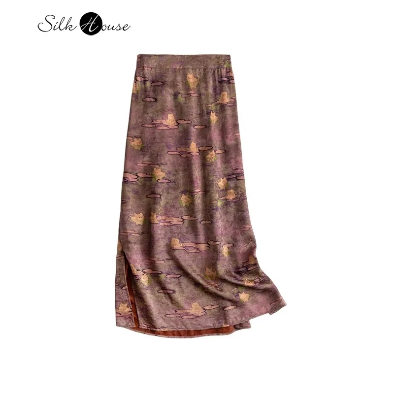 

100% Natural Mulberry Silk Red Cloud Yarn New Chinese Style Printed Medium and Long Women's Fashionable Hip Hugging Skirt