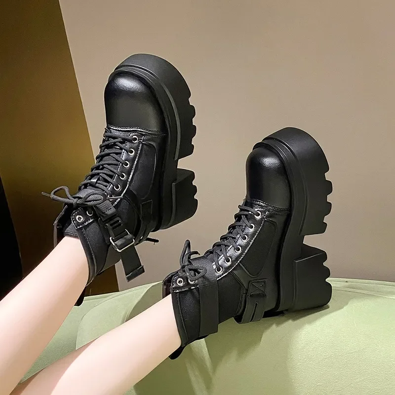 Women\'s High Platform Motorcycles Boots Autumn Spring 7.5CM Heels Ankle Boots Female Chunky Sneakers Winter Leather Shoes Woman