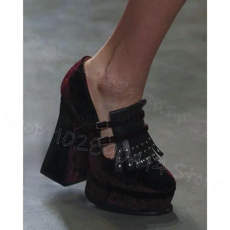 Black Rivets Tassels Burgandy Corduroy Platform Pumps Slip On Women Shoes Chunky High Heel Party Runway 2025 Zapatos Para Mujere